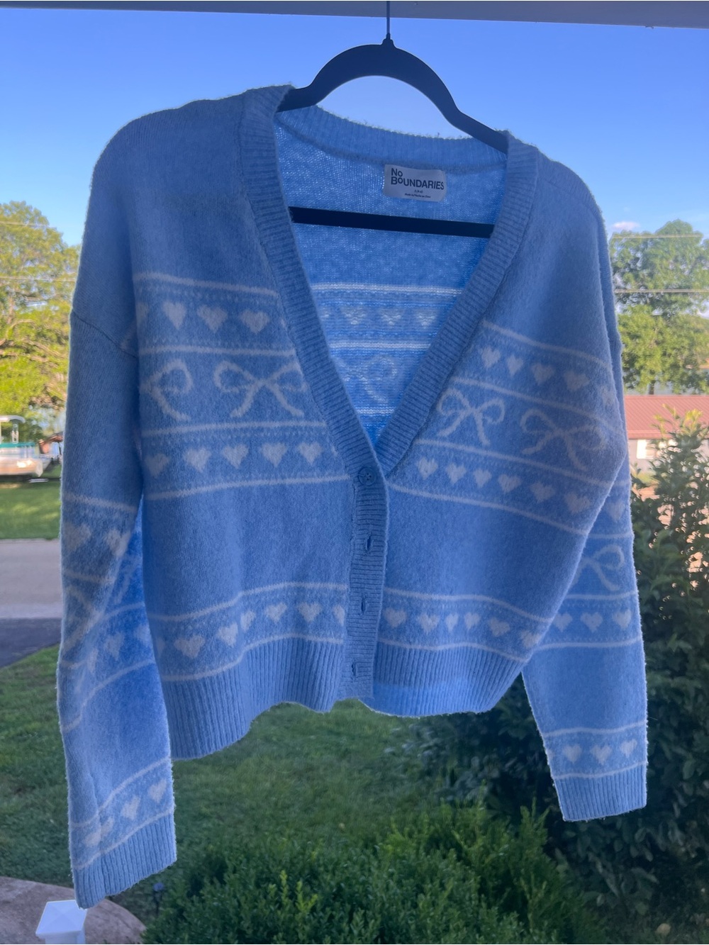 No Boundaries Light Blue and White Heart-Pattern Cropped Cardigan